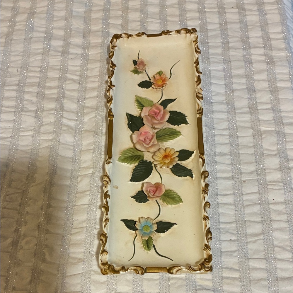 Vintage Floral Ceramic Tray with Pink and Yellow Flowers-Lefton